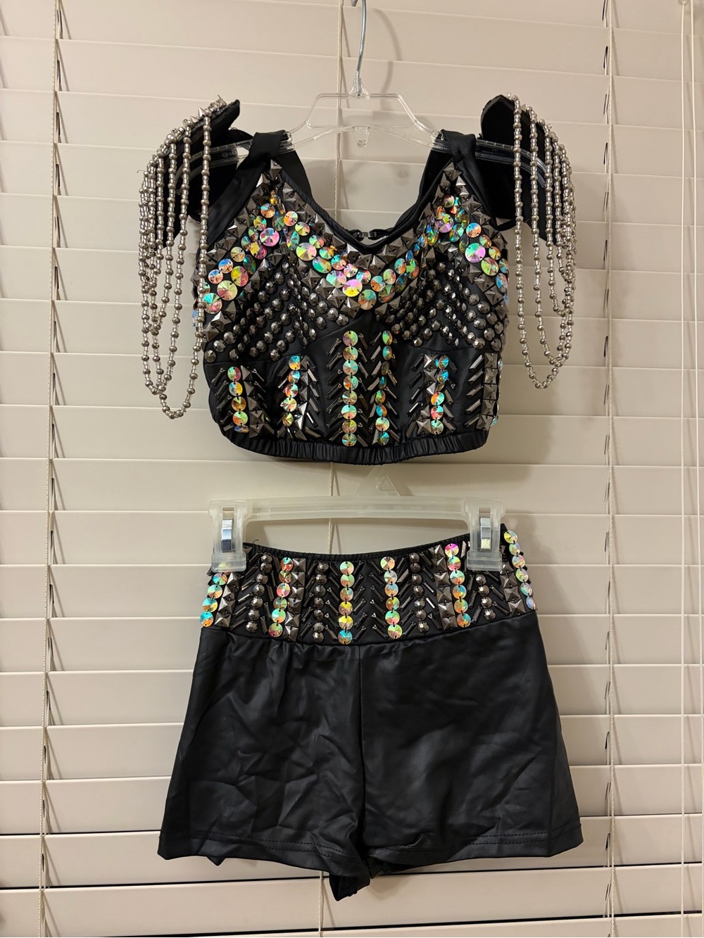 Glamour Black Studded Dance Costume 2-Piece Set Jazz Top Shorts Youth Child XL